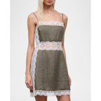 STAUD Green White Lace Trim Amalina Linen Sleeveless Mini Dress Size 2 Romantic