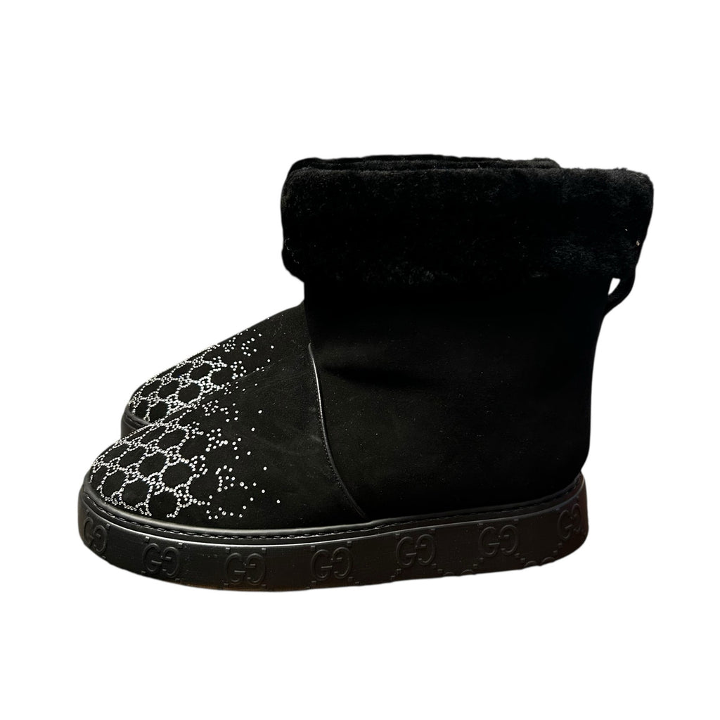 Gucci GG Crystal Motif Black Suede Boot with Merino Wool Lining Womens 39 / US 9