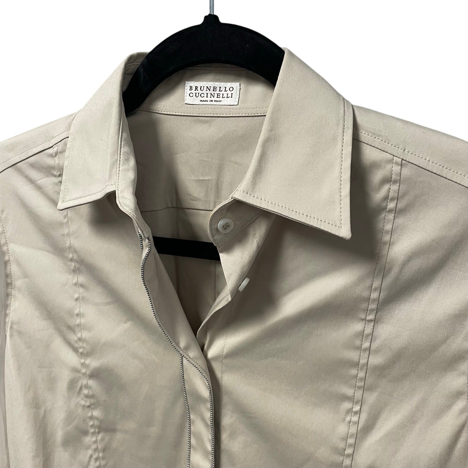 NWD Brunello Cucinelli Monili Trim Shirt in Cotton Silk Blend Beige Womens XXS