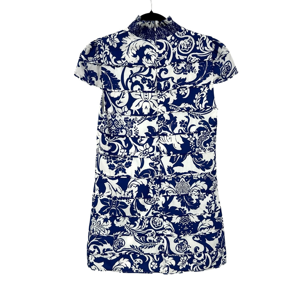 Alice + Olivia Blue & White Karisse Cap Sleeve Mock Neck Mini Dress Womens 10