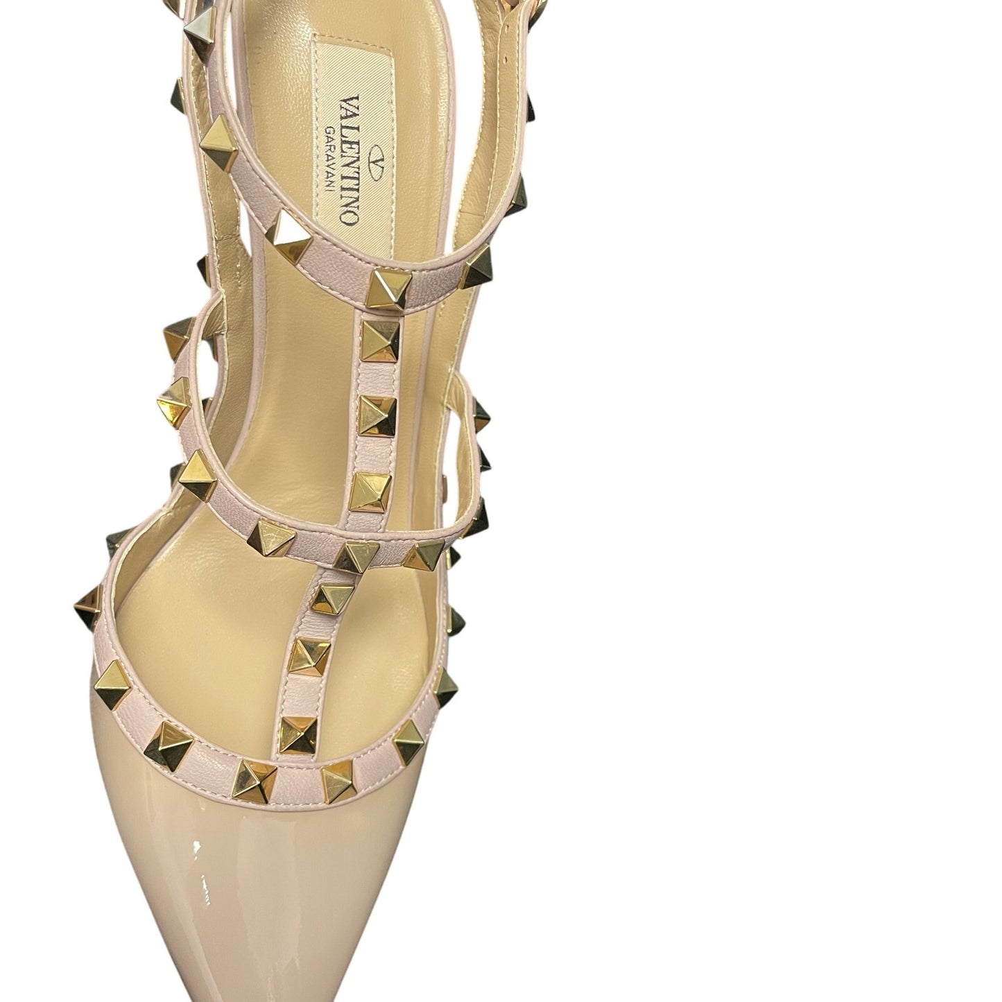Valentino Garavani Rockstud T Strap Pointed Toe Blush Leather Heels 40 / US 10