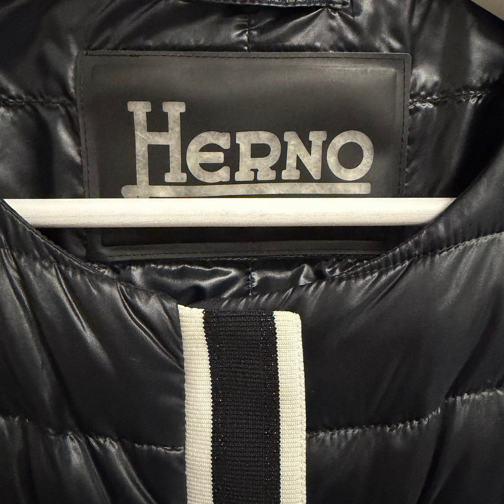 Herno Grosgrain Trim Water Resistant Down Puffer Jacket Black White Size US 8