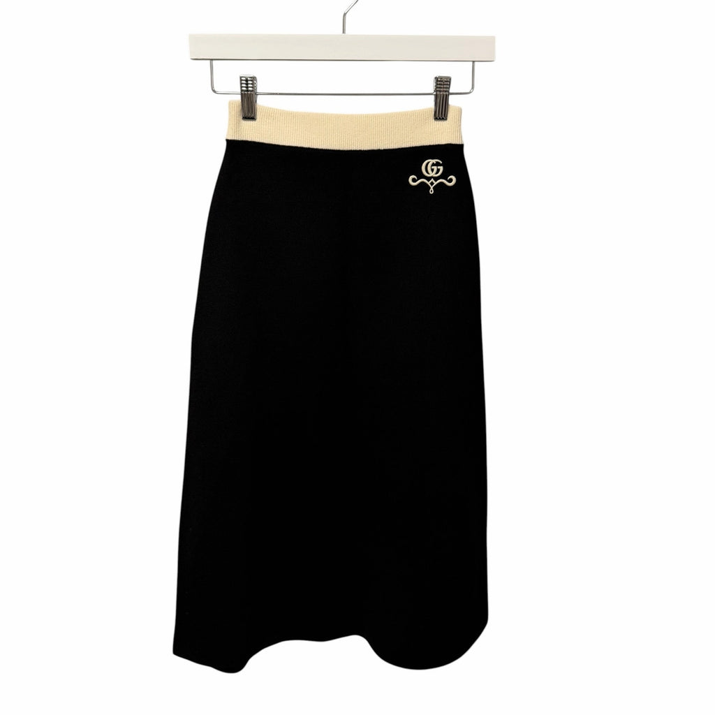 NWT Gucci Wool Knit Midi Skirt Black Ivory GG Logo Embroidered Womens XXS