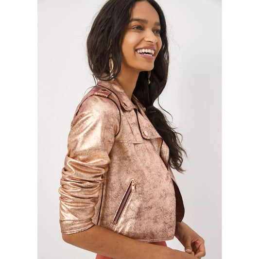 NWT Anthropologie Brisa Metallic Cropped Faux Leather Moto Jacket Womens Small