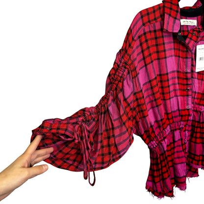 NWT Free People Red Pink Plaid Drawstring Sleeve Button Down Top Womens X-Small