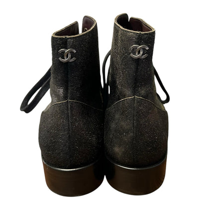 Chanel Dark Grey Metallic Lace Up Leather Short Boots Womens 39.5 / US 9.5