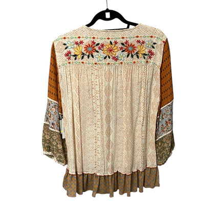NWT John Mark Cream Multicolor Floral Print Mariposa Ruffle Top Womens Medium