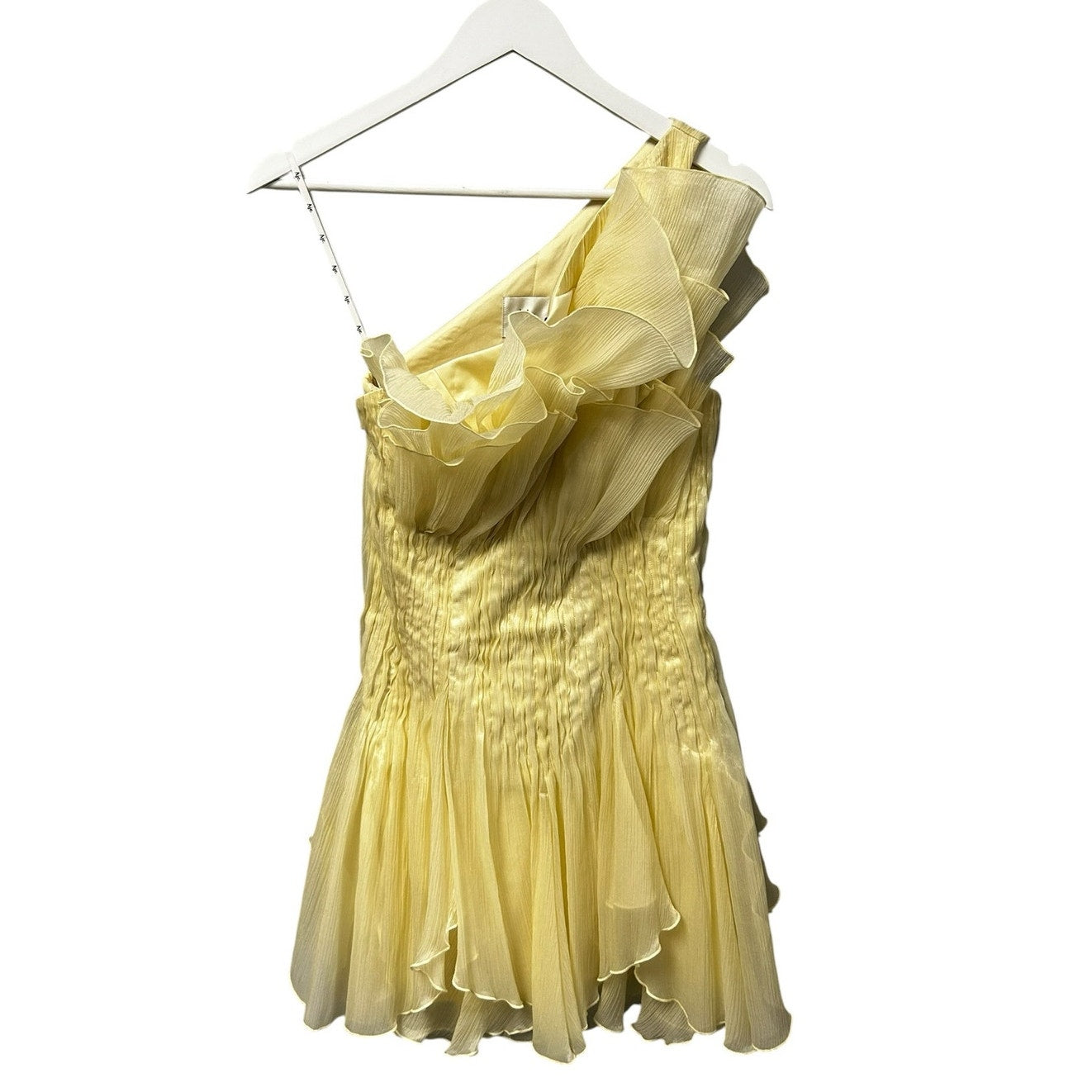 NWT Aje. Pastel Yellow Nisha One Shoulder Ruffle Mini Dress Womens US 4
