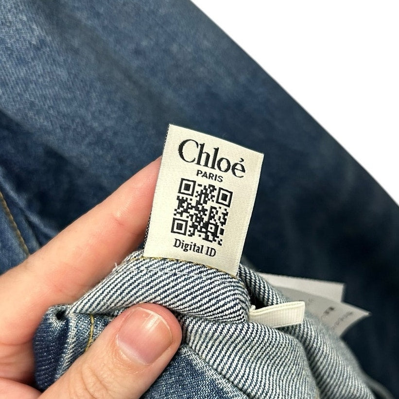 NWT Chloe High Neck Faded Indigo Chain Detail Denim Jacket Womens 36 / US 4