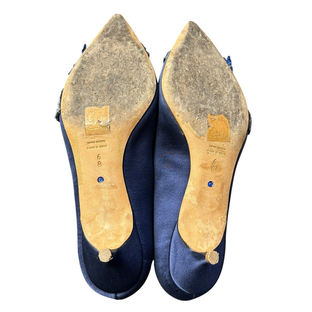 Something Bleu Navy Satin Bo Pointed Toe Floral Applique Kitten Heels Womens 6