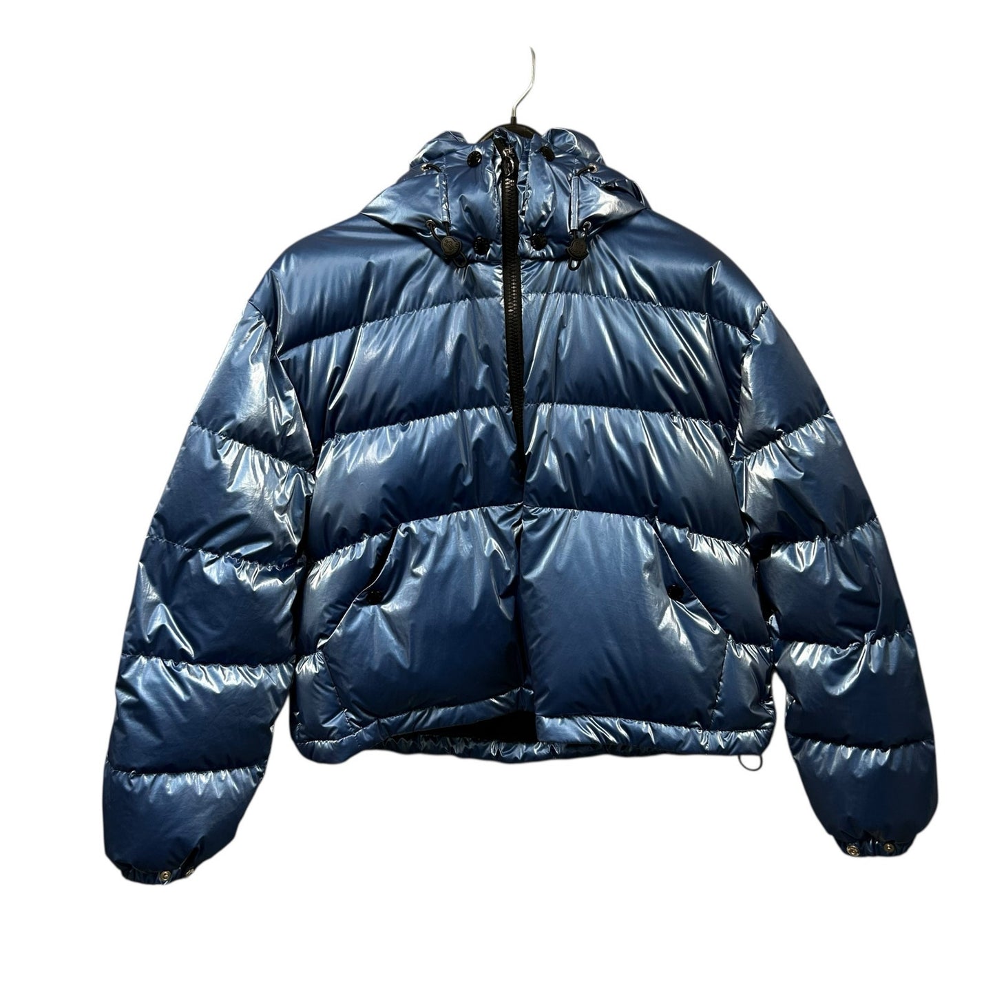 Moncler Glossy Blue Moselotte Padded Puffer Zip Up Hooded Jacket Womens 0