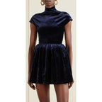 NWT Alaia Turtleneck Velvet Mini Dress Navy Womens FR 36 / US 4