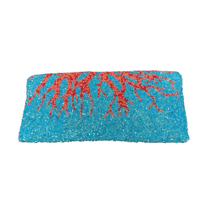 Moyna Turquoise Blue Orange Red Coral Reef Beaded Fold Over Clutch Bag