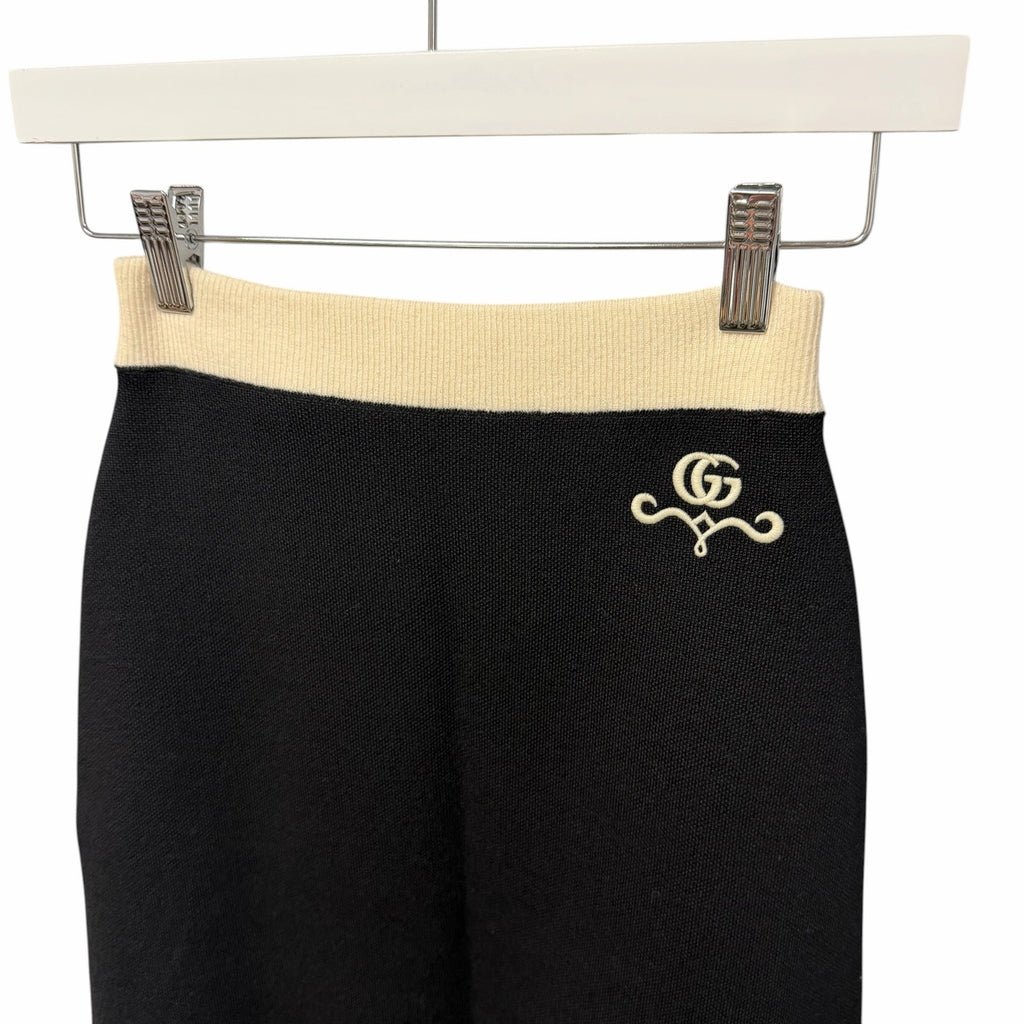 NWT Gucci Wool Knit Midi Skirt Black Ivory GG Logo Embroidered Womens XXS
