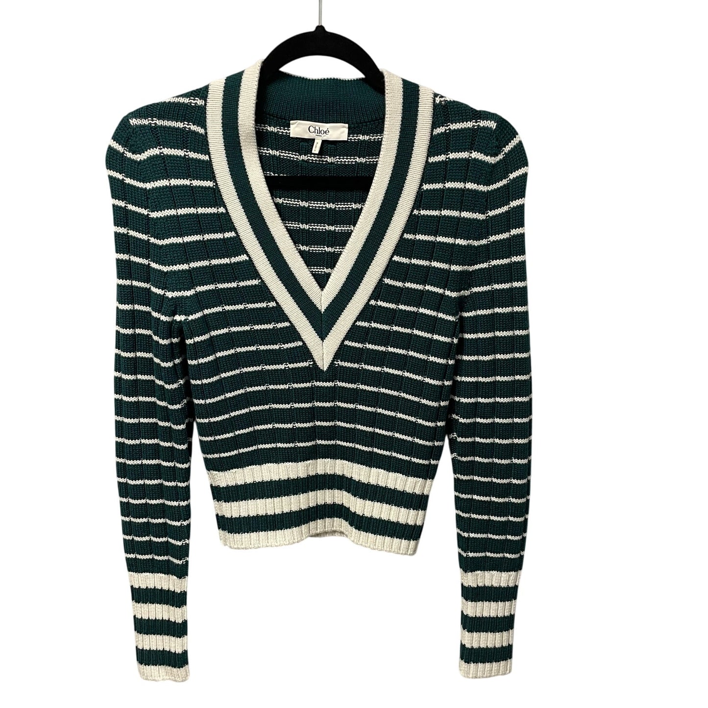 NWT Chloe Striped Ribbed Knit V Neck Jumper Sweater Dark Green Womens Small