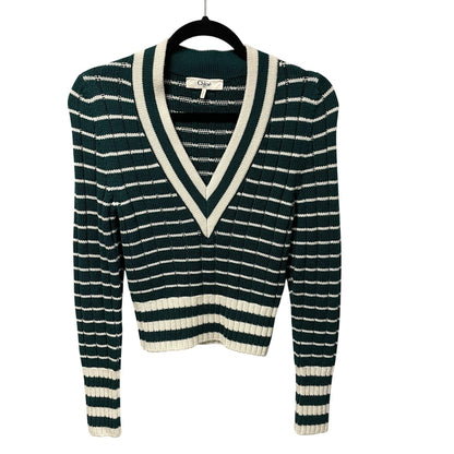 NWT Chloe Striped Ribbed Knit V Neck Jumper Sweater Dark Green Womens Small