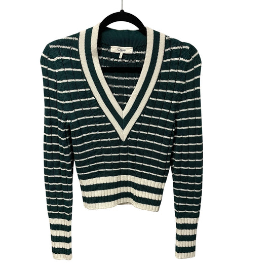 NWT Chloe Striped Ribbed Knit V Neck Jumper Sweater Dark Green Womens Small