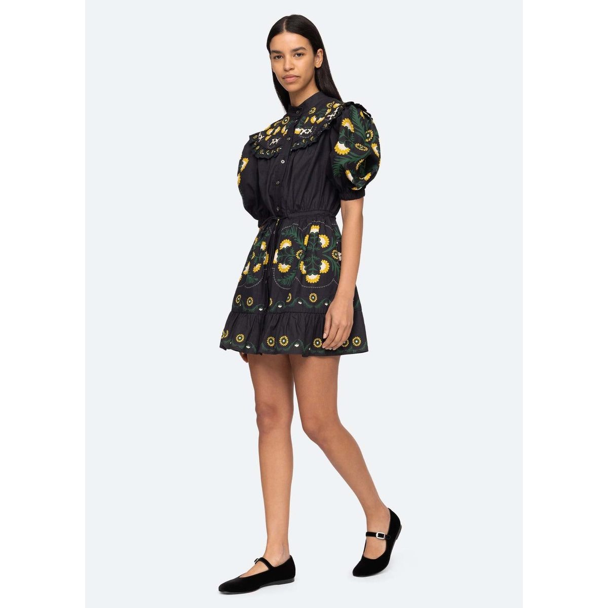 Sea New York Womens Floral Perle Puff Sleeve Mini Dress Medium Pockets Ruffle