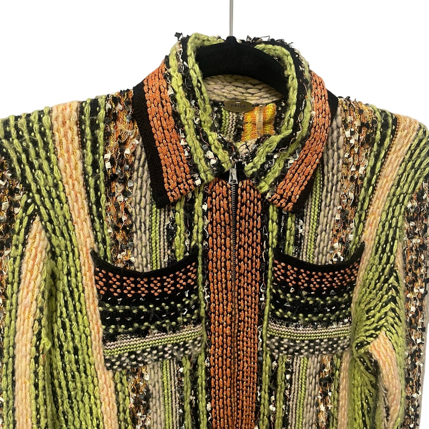 One Girl Who / Pride Wool Blend Metallic Knit Zip Up Cardigan Green Orange Small