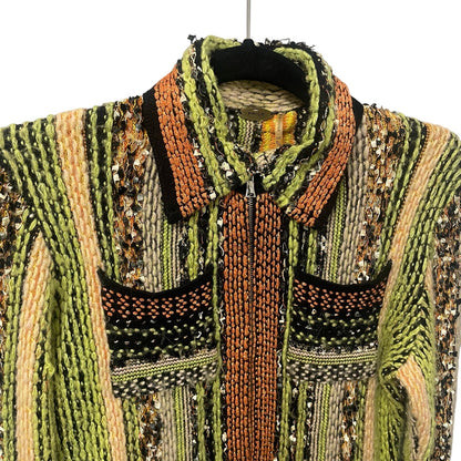 One Girl Who / Pride Wool Blend Metallic Knit Zip Up Cardigan Green Orange Small