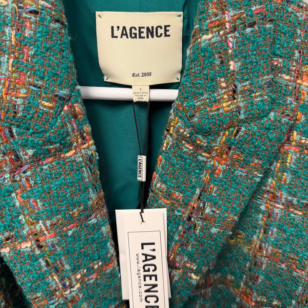 NWT L'Agence Gweny Relaxed Blazer Jacket Green Windowpane Tweed Womens 2