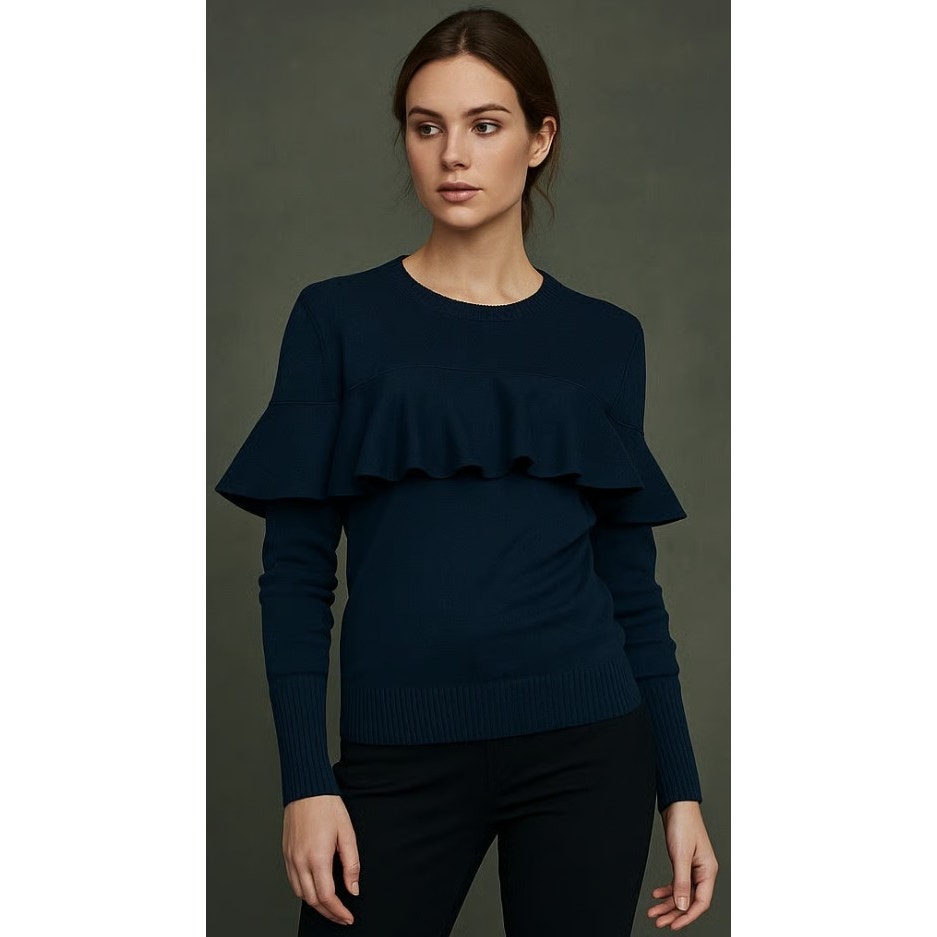 Apiece Apart Navy Ruffle Accent Knit Sweater Womens Size XS