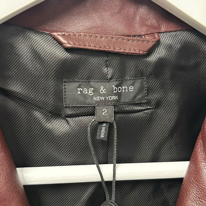 NWT Rag & Bone Burgundy Slade Leather Blazer Jacket Size 2 Luxury Edgy Winter