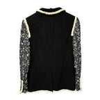 Chanel Black White Cream Trim Tweed Logo Button Front Jacket Womens 36 / US 4