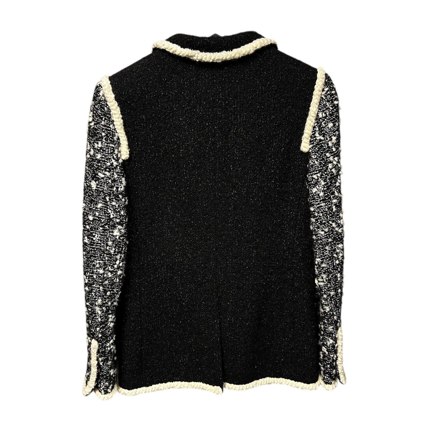 Chanel Black White Cream Trim Tweed Logo Button Front Jacket Womens 36 / US 4