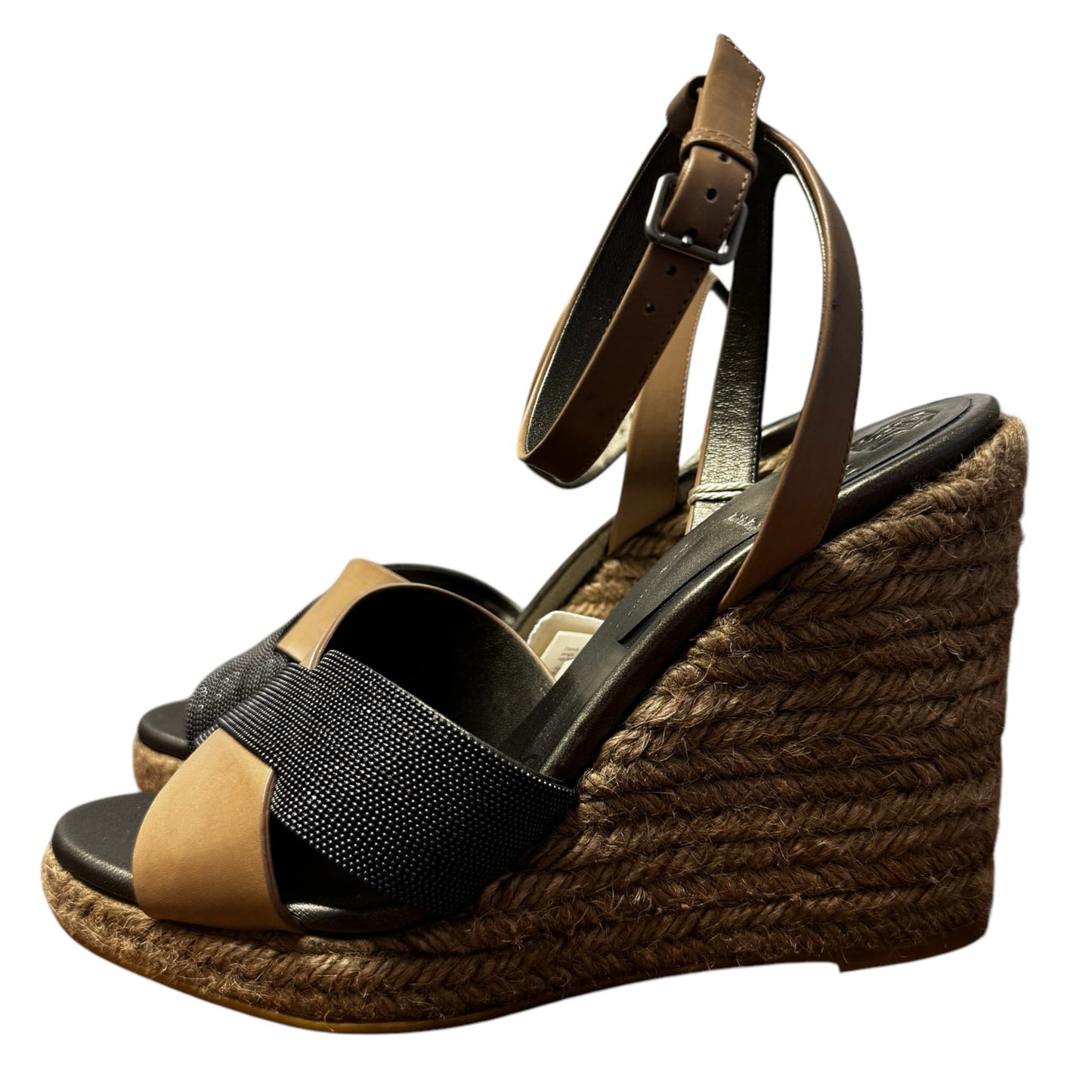 Brunello Cucinelli Tan Black Leather Espedrille Wedge Sandals Womens 9