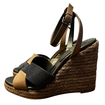 Brunello Cucinelli Tan Black Leather Espedrille Wedge Sandals Womens 9