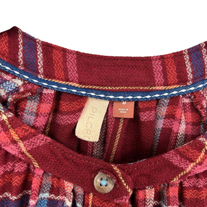 Pilcro Pink Red Blue Combo Plaid Ruffle Trim Button Down Shirt Womens Medium