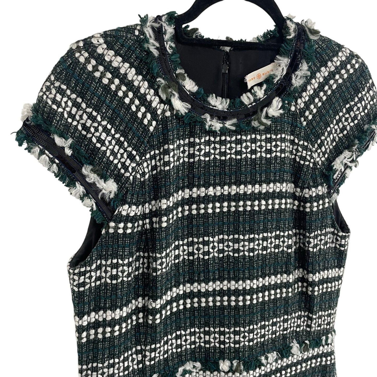 Tory Burch Norfolk Tweed Dress Green White Black Sequin Trim Womens Size 12