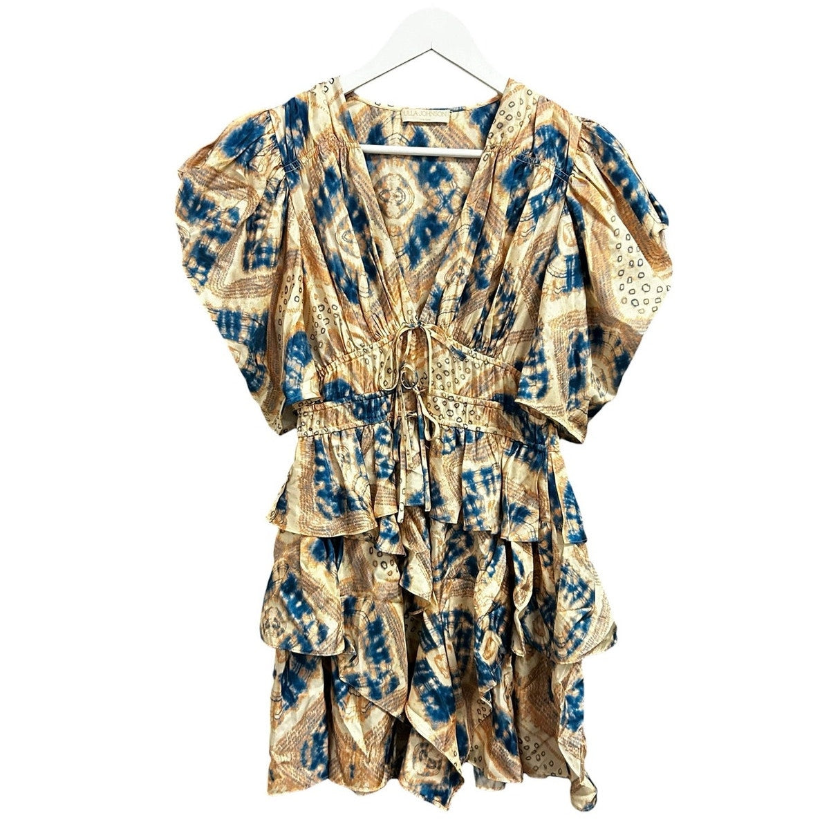 Ulla Johnson Fossil Peach Blue Zita Mixed Print Silk Tiered Ruffle Mini Dress 4