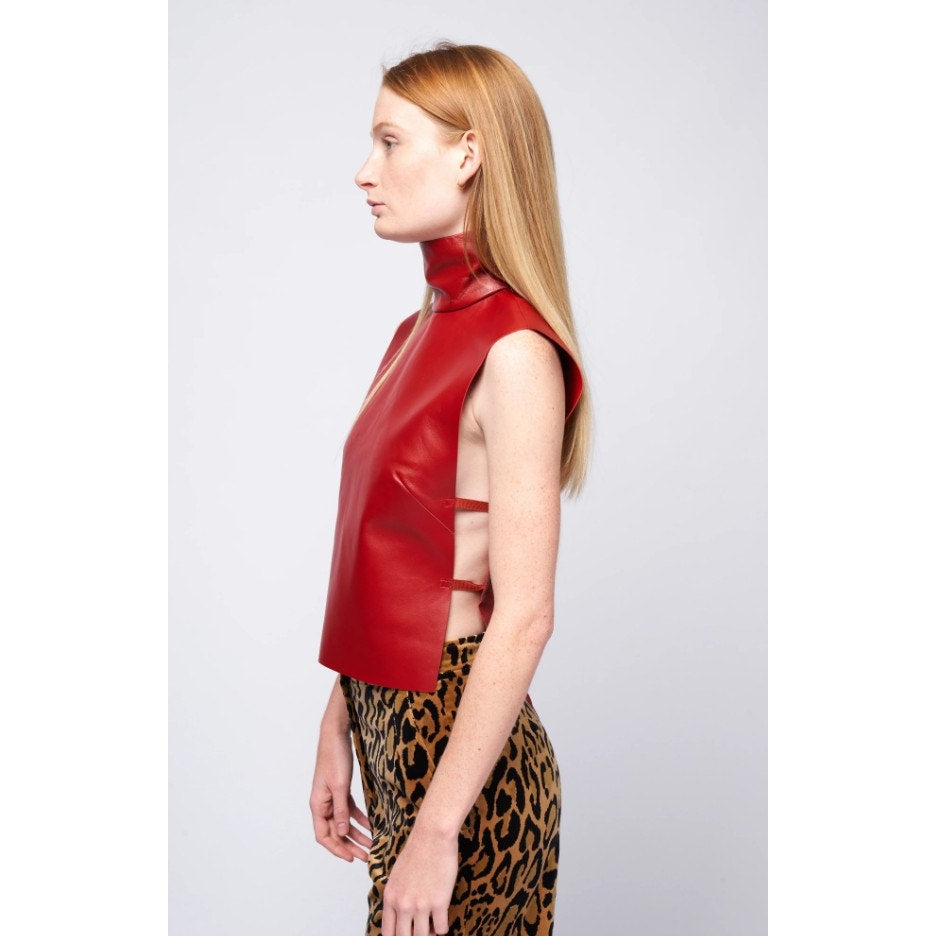 NWT Dries Van Noten Red Larma Sleeveless Leather Mock Neck Top Womens 34 / US 2