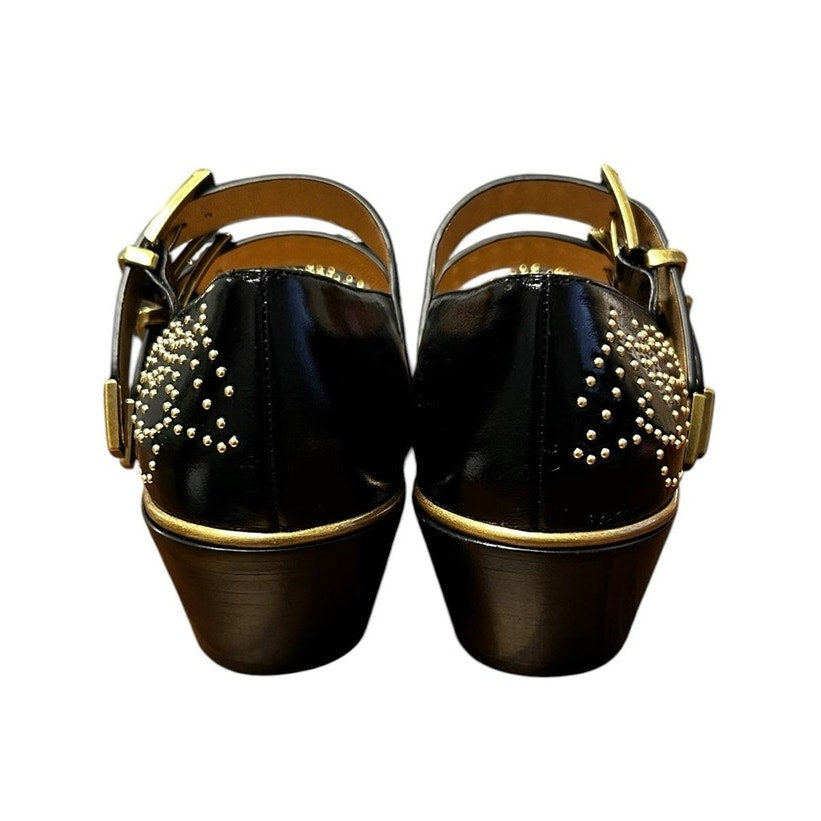 Chloe Susanna Black Gold Studded Buckle Strap Almond Toe Pumps Womens 39 / US 9