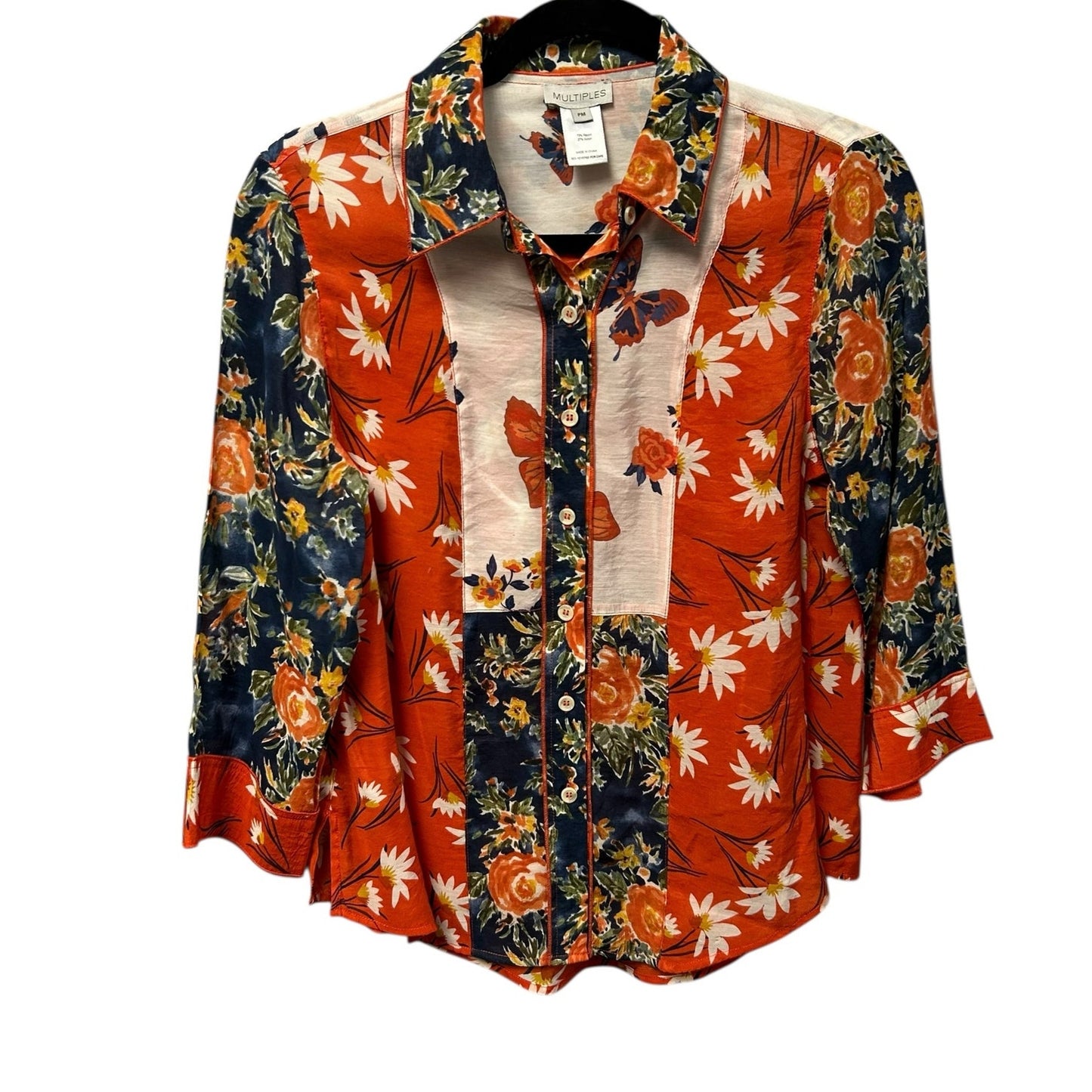 Multiples Orange Navy Floral Butterfly Print Button Up Top Womens Petite Medium