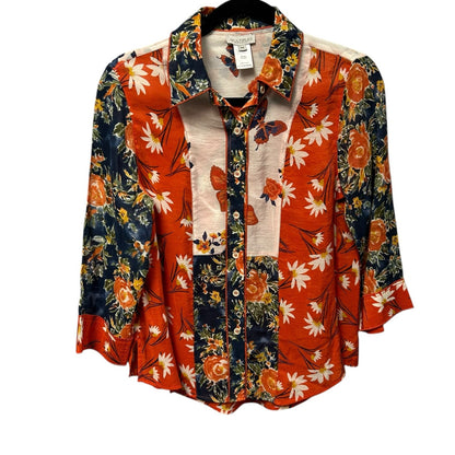 Multiples Orange Navy Floral Butterfly Print Button Up Top Womens Petite Medium