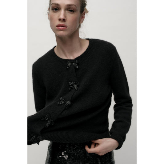 Zara Black Bow Shaped Button Knit Button Up Cardigan Sweater Womens Size Medium