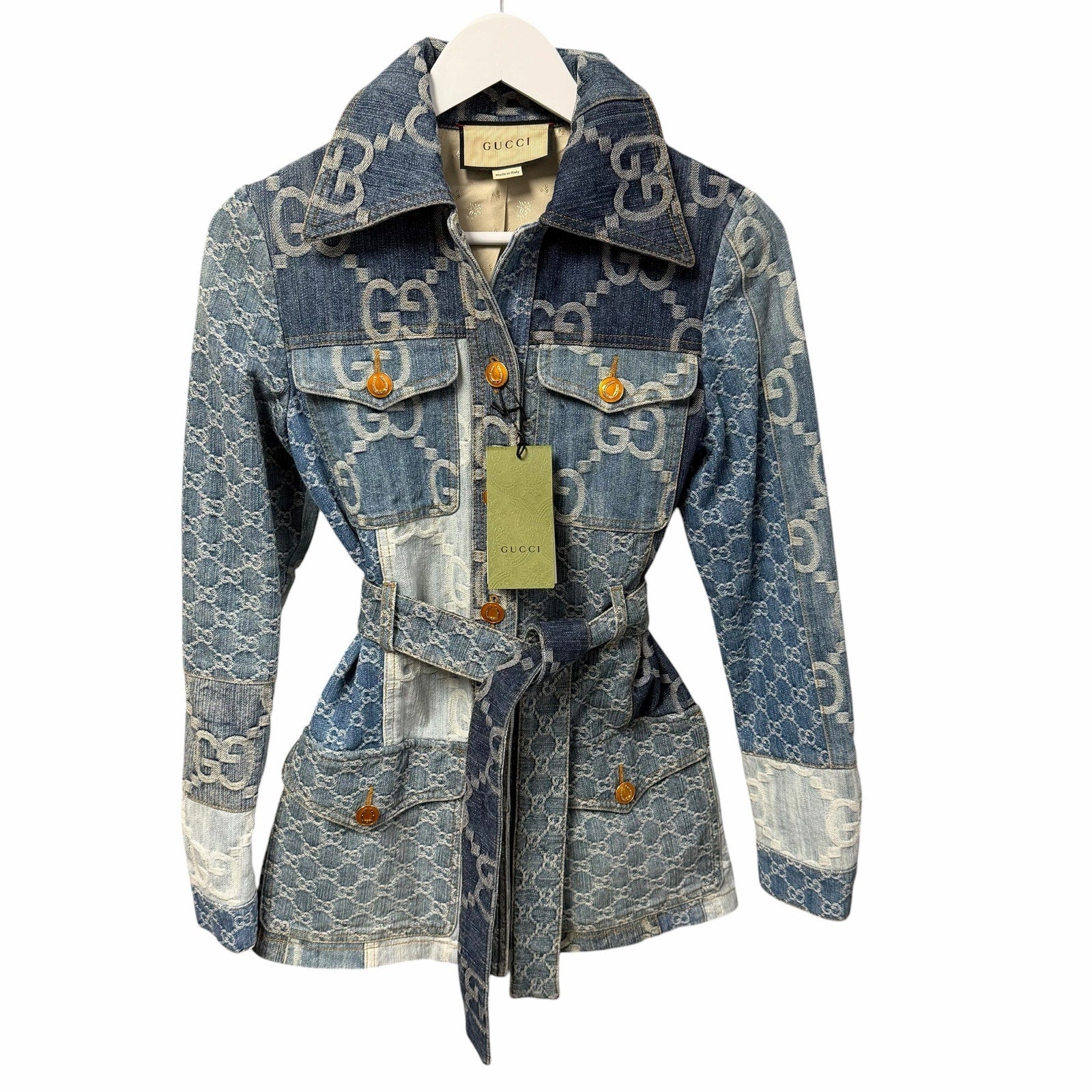 NWT Gucci Eco Washed Patchwork GG Denim Jacket Blue Womens IT 38 / US 2
