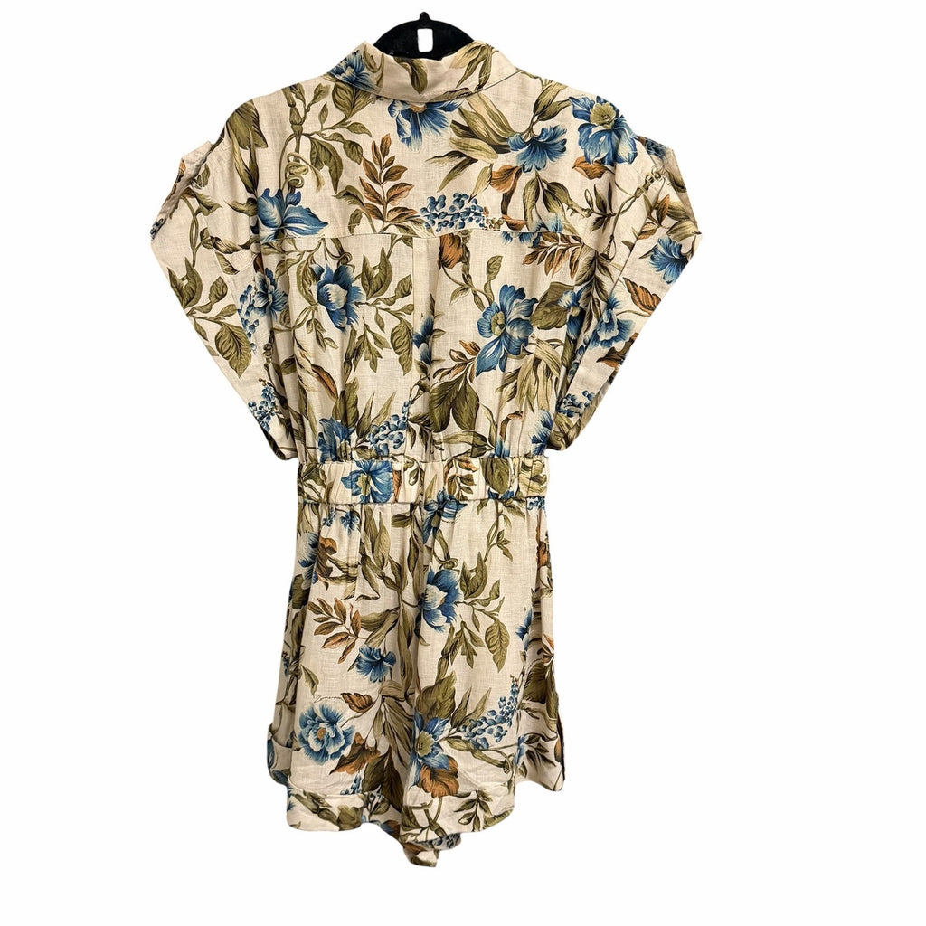 Zimmermann Aliane Roll Cuff Playsuit Khaki Floral Pure Linen Size AU 3 / US 10