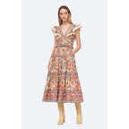 Sea New York Tess Vintage Floral Print Ruffled Cotton Midi Dress Womens 14