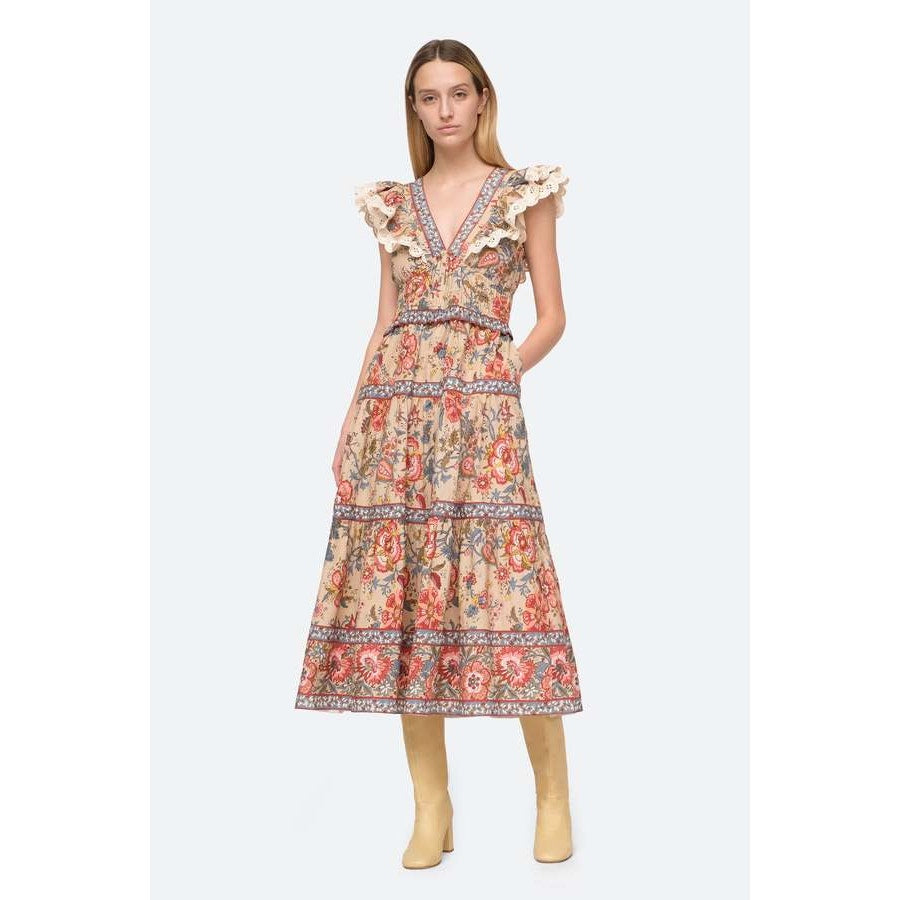 Sea New York Tess Vintage Floral Print Ruffled Cotton Midi Dress Womens 14
