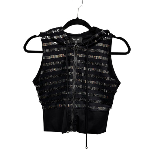 NWT Chanel Black Sequin Embellished Sleeveless Hooded Zip Up Vest Womens 6