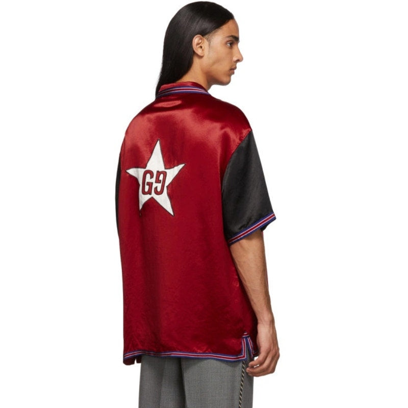 Gucci GG Star Red Black Acetate Short Sleeve Bowling Shirt Mens 48 US 38 Medium