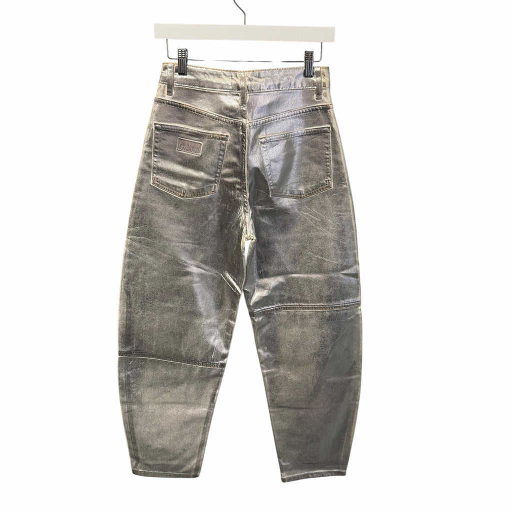 NWT Ganni Foil Denim Stary Pant Bright White Metallic Silver Size 25 Retro Party