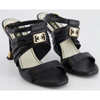 Chanel Black Leather Sandal Heel Gold CC Logo / Heel Caps Womens 39.5 / US 8.5