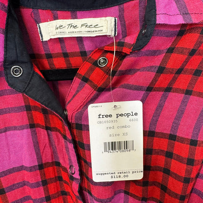 NWT Free People Red Pink Plaid Drawstring Sleeve Button Down Top Womens X-Small