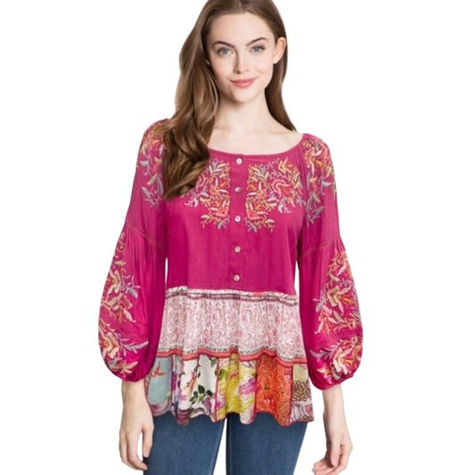 NWT John Mark Pink Multi Embroidered Patchwork Gracelyn Top Womens Size Medium