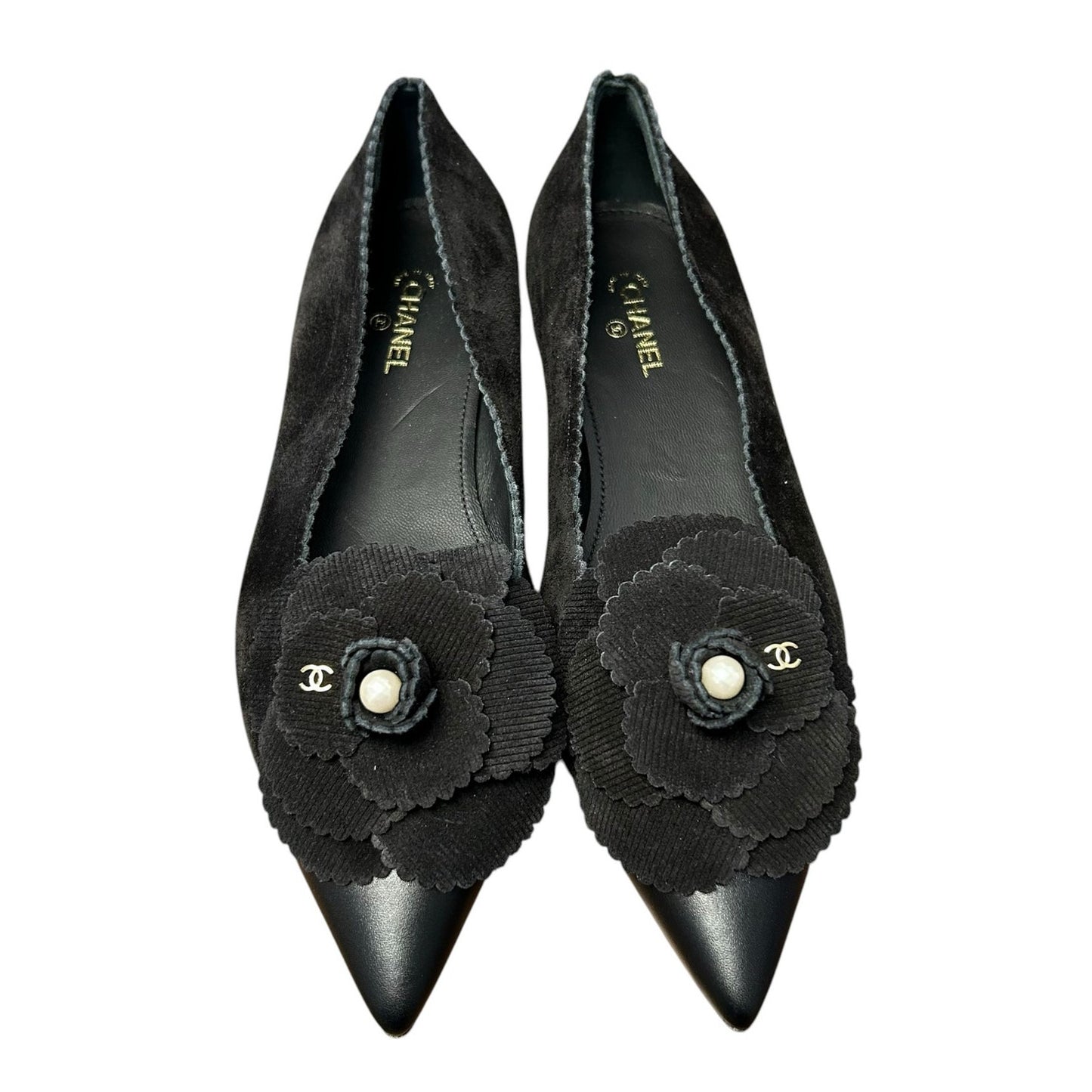 Chanel Black Suede Camelia Flower Faux Pearl Pointed Toe Flats Womens 39 / US 9
